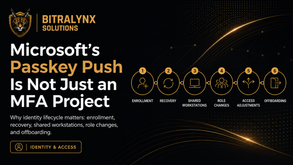 Microsoft's Passkey Push Is Not Just an MFA Project, showing the six identity lifecycle stages: enrollment, recovery, shared workstations, role changes, access adjustments, and offboarding