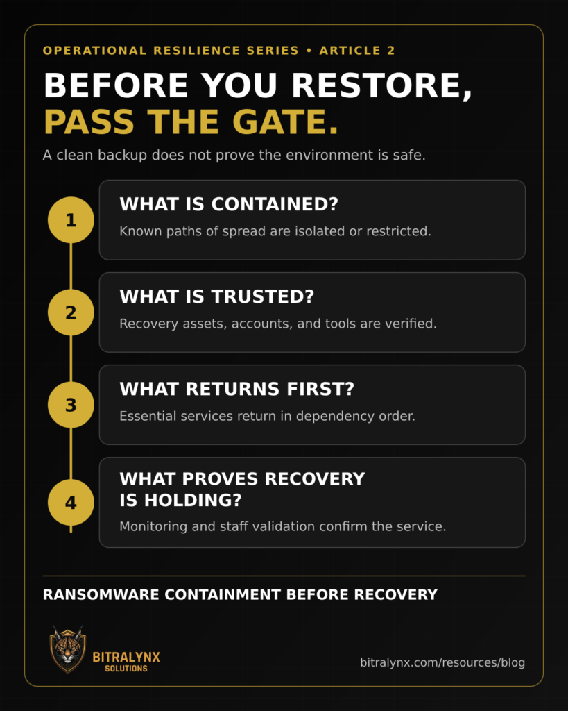 Before you restore, pass the gate. Four restore readiness questions: what is contained, what is trusted, what returns first, what proves recovery is holding.